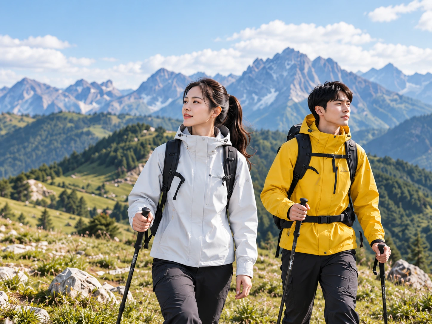 穿灰色與黃色衝鋒衣的登山者在山野中前行