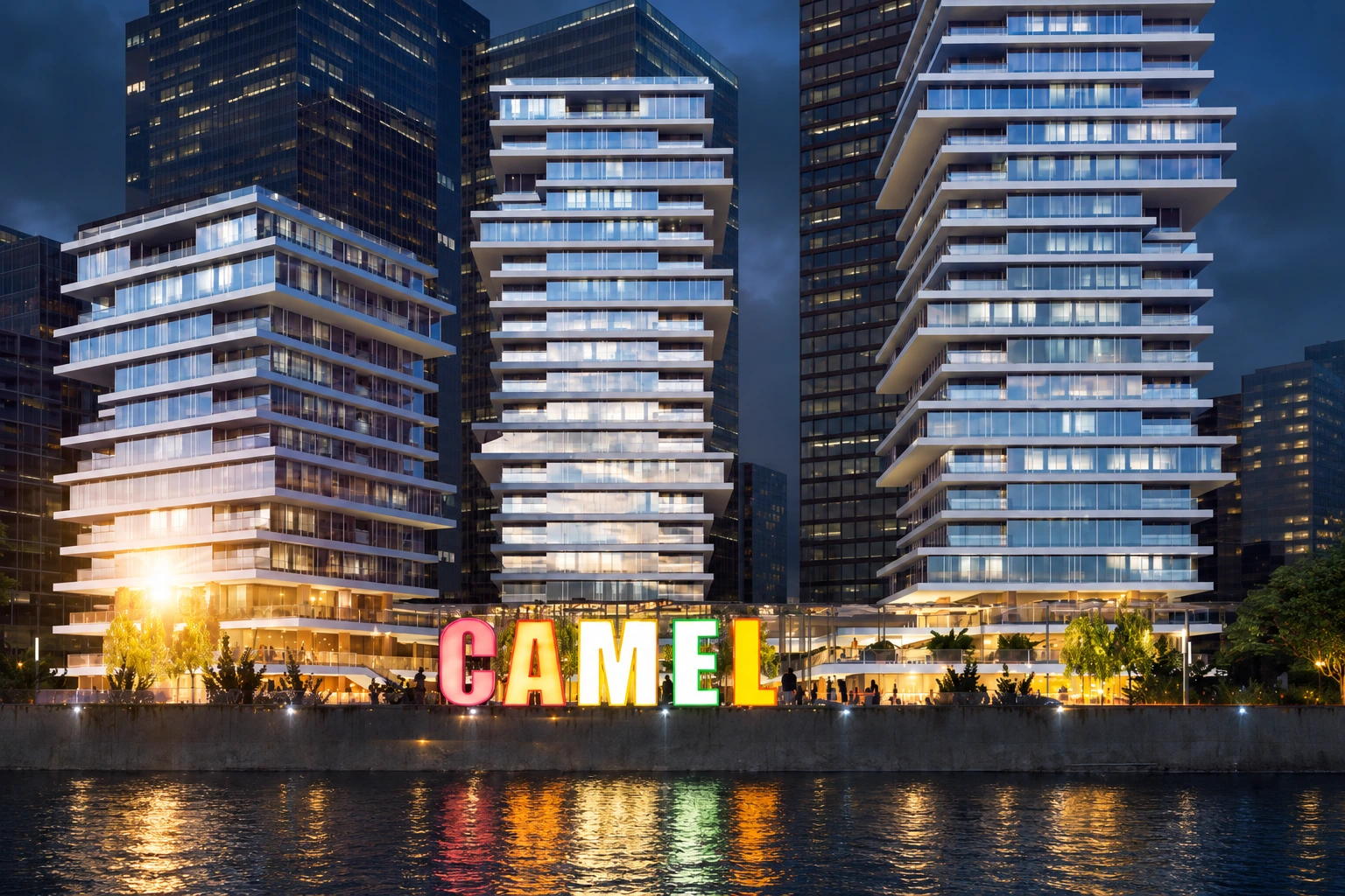 暮色中的 CAMEL 品牌建築與發光字標