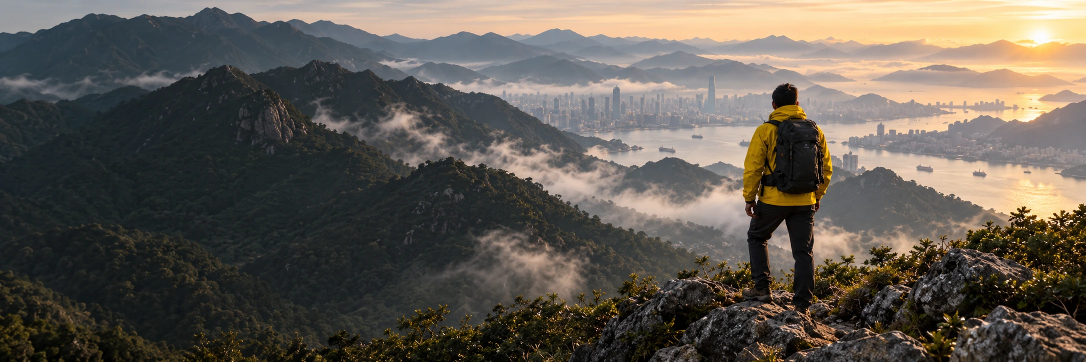 穿黃色外套的登山者眺望晨霧中的山巒與海灣